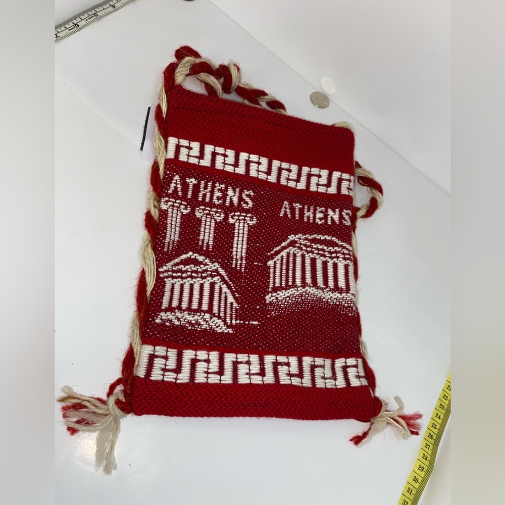 VINTAGE RED ATHENS GREECE DOUBLE SIDED TOTE WOVEN BAG SOUVENIR